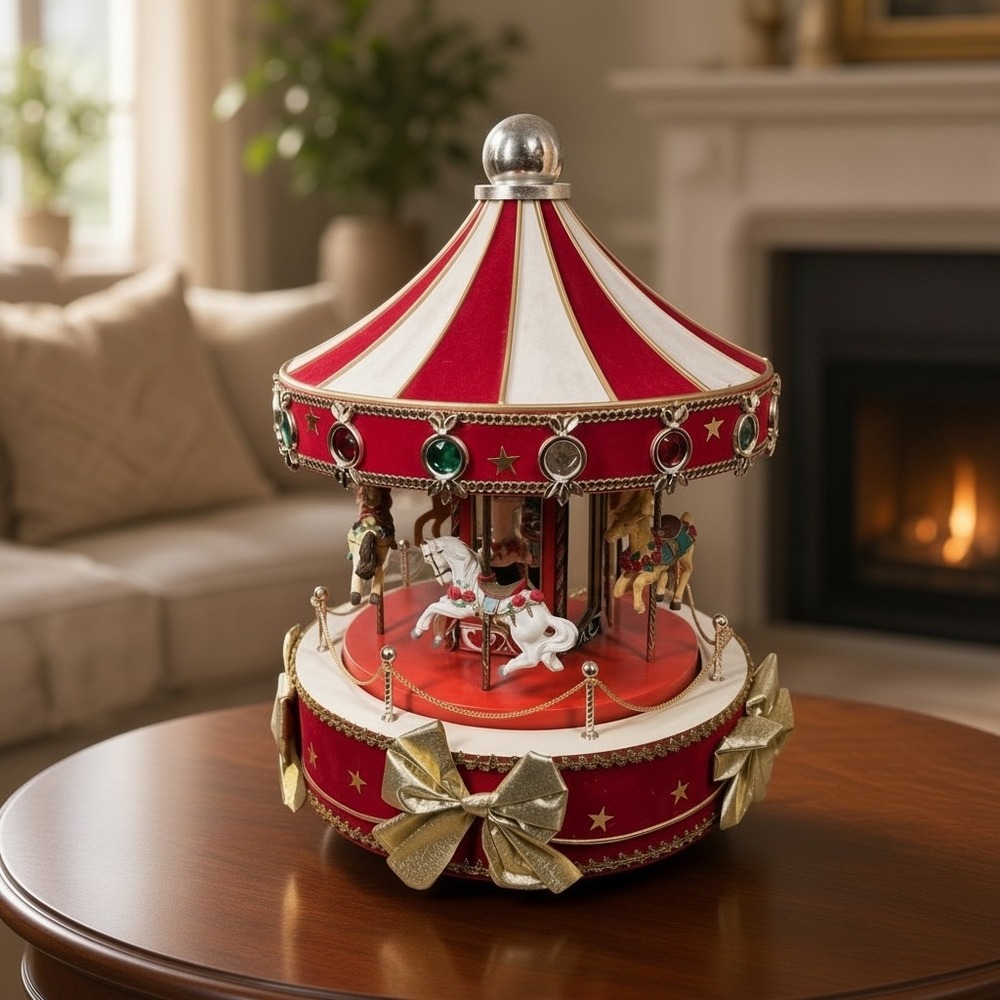 Vtg Christmas Animated Musical Carousel Horse Figurine Red Velvet Gold Bows 16"